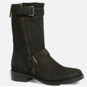 Eileen FIsher Women's Log Leather Moto Boot Buckle Strap Zipper Black Size 7.5